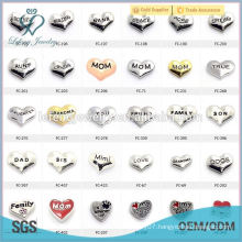 2015 silver heart charm family/mom/dad/son/daughter/hope/dream/true/love letter floating charms for living glass memory locket